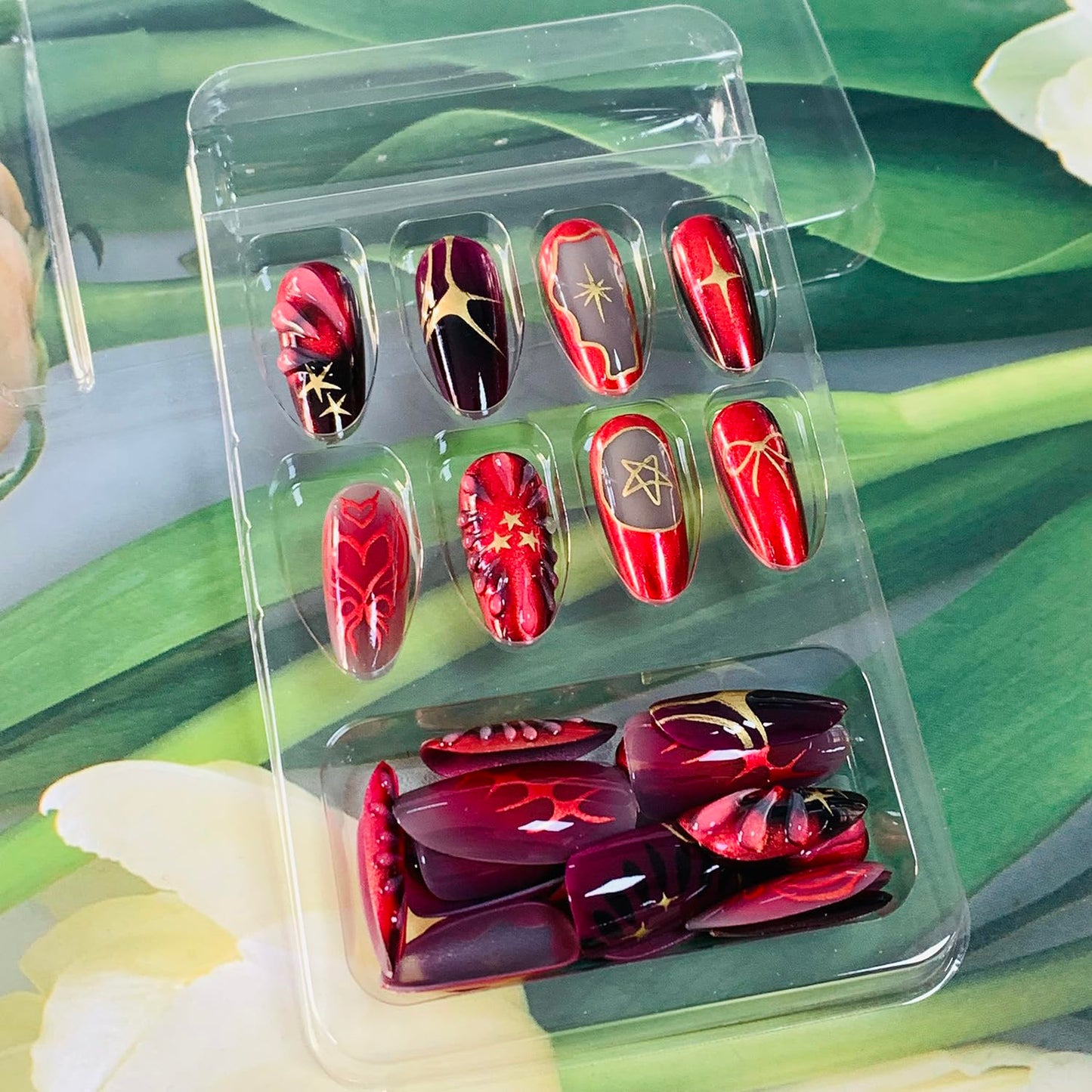 EYZOTSF Press on Almond Nails Medium Length Glossy Full Cover Acrylic Almond Shaped False Nails with Designs Artificial Fake Nail with Charms Glue Stick ons Fingernails for Women Girls(W2027)