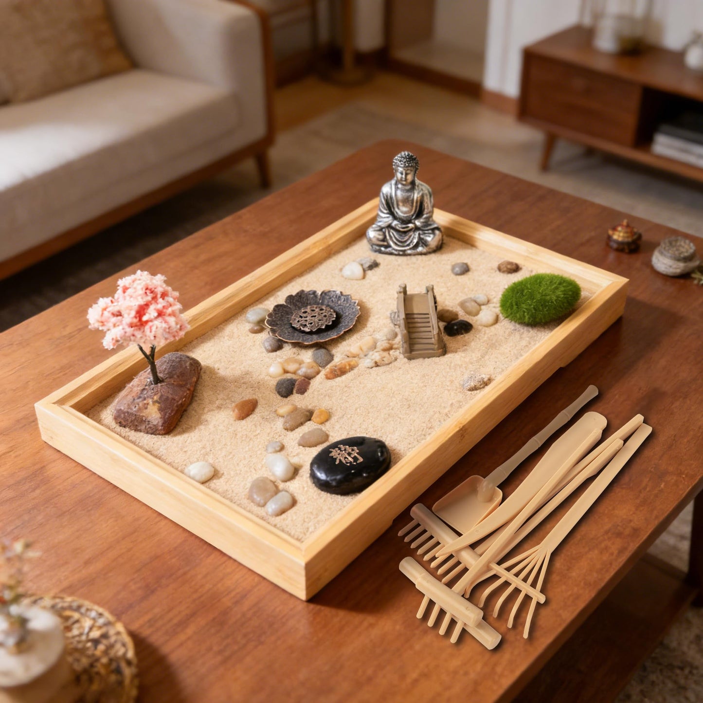 Zeckzoin Zen Sand Garden Kit for Desk with Incense Stick Holder 11"x7.5" 6 Tools, 16 Accessories