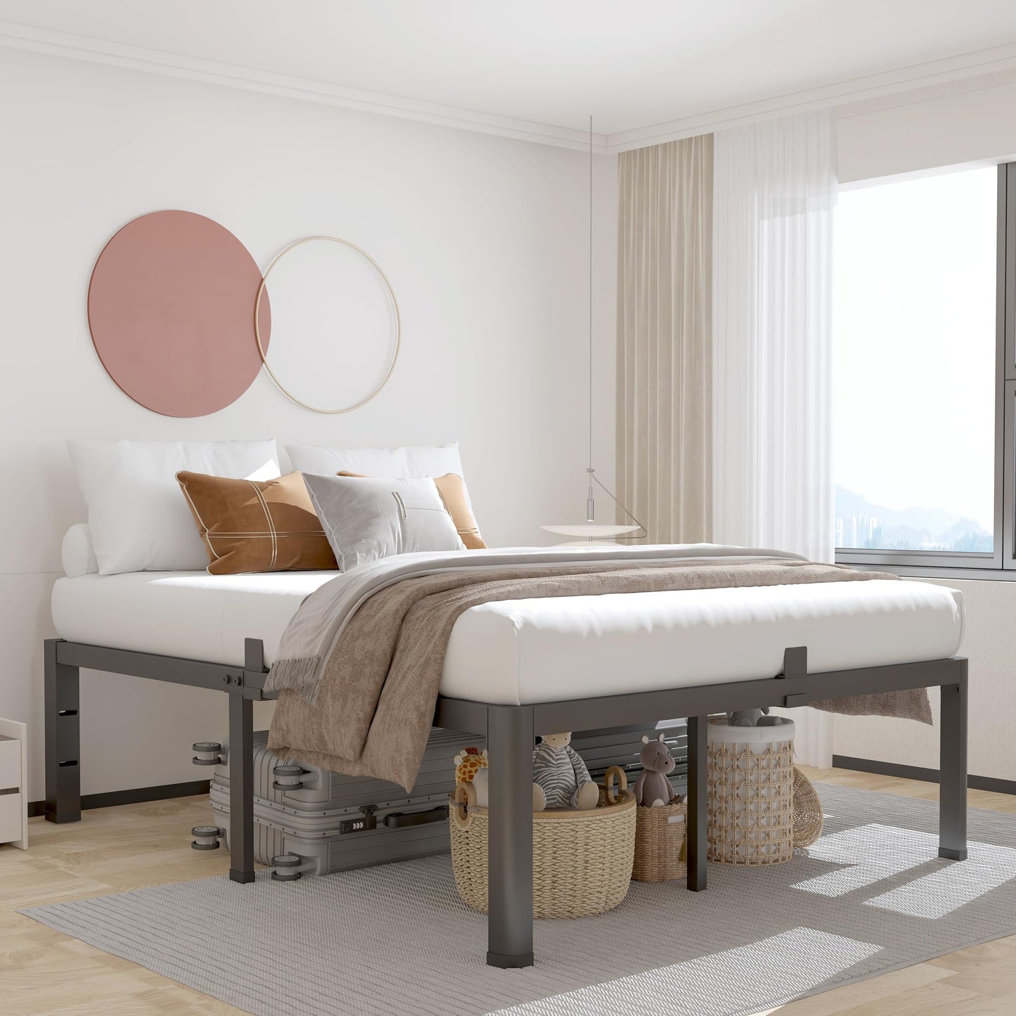 ROIL 14 inch Metal Queen Bed Frame with Rounded Corner and Headboard Hole Mattress Retainers 3500LBS Heavy Duty Steel Slats No Box Spring Needed Platform Noise-Free Easy Assembly