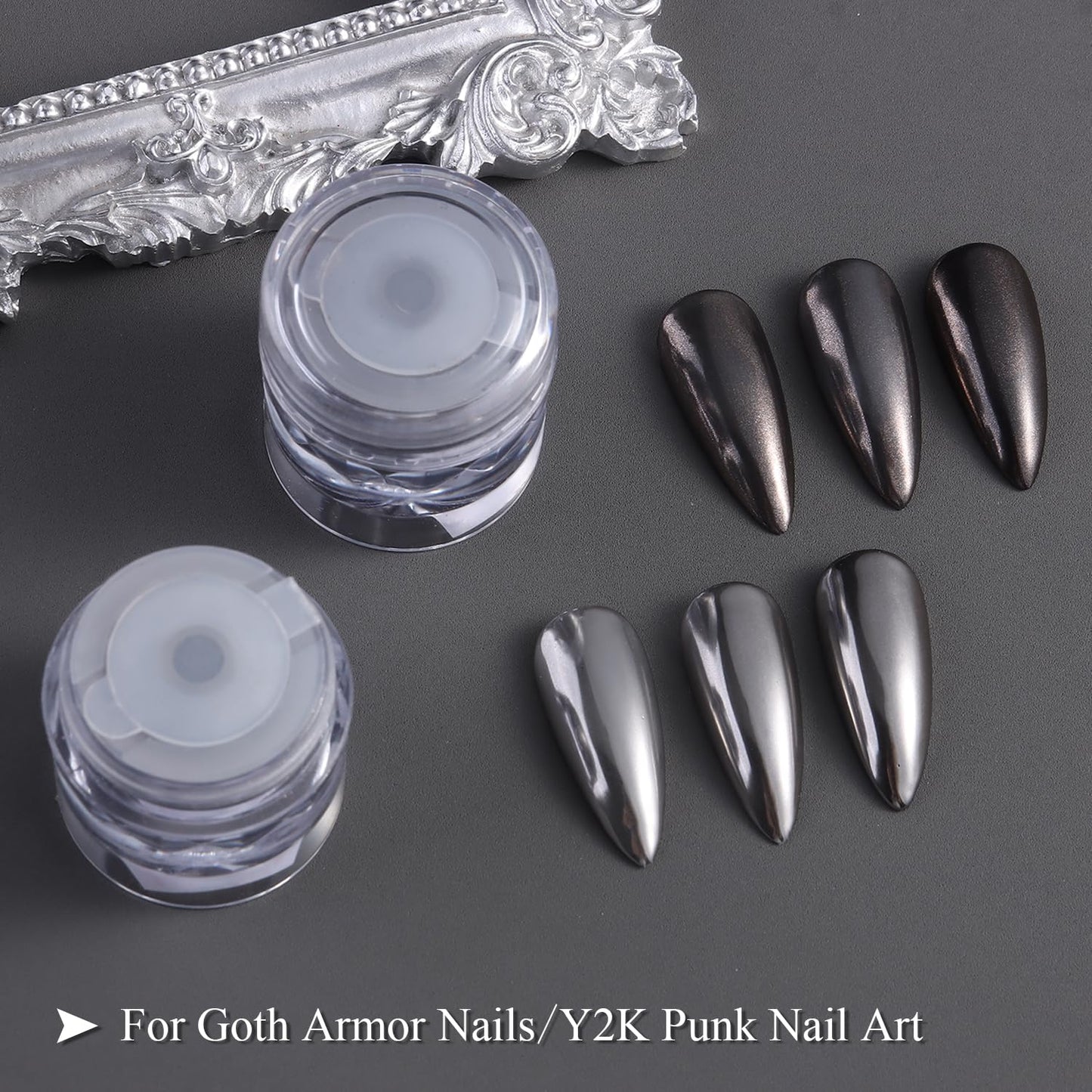 Furtherpretty Black Silver Bronze Chrome Nail Powder Set, Gunmetal Chrome Pigments for Goth Armor Nails, Metallic Mirror Effect Nail Powder for Y2K Punk Nail Art & Manicure Decoration Accessories