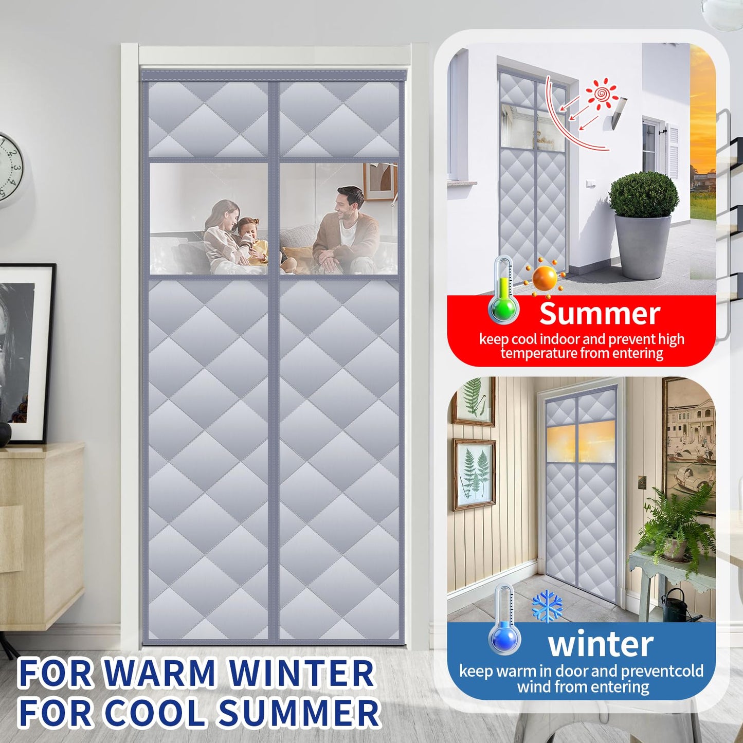 Magnetic Thermal Insulated Door Curtain with Detachable Visible Windows, Thicken Polyester Fiberfill & Durable Oxford Fabric, Hands Free Windproof Door Screen