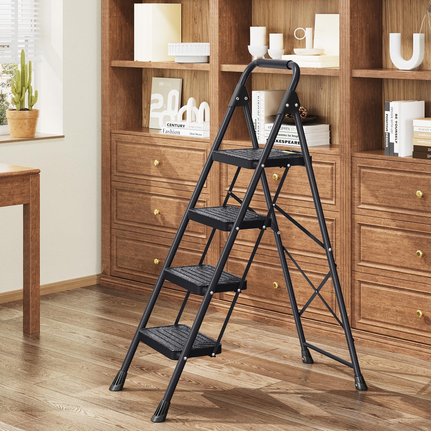 KINGRACK 4 Step Ladder, Sturdy Steel Step Stool with Anti-Slip Wide Pedals, Handrail, Safe-Lock Design, Pass 800lbs Load Testing, Folding Portable Ladder for Multi-Purpose, Home, Kitchen, Black
