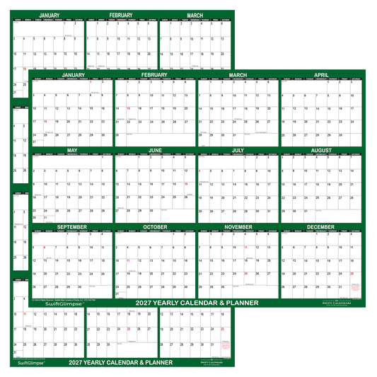 32" x 48" SwiftGlimpse 2027 Wall Calendar Erasable Large Wet & Dry Erase Laminated 12 Month Annual Yearly Wall Planner, Reversible, Horizontal/Vertical, GREEN