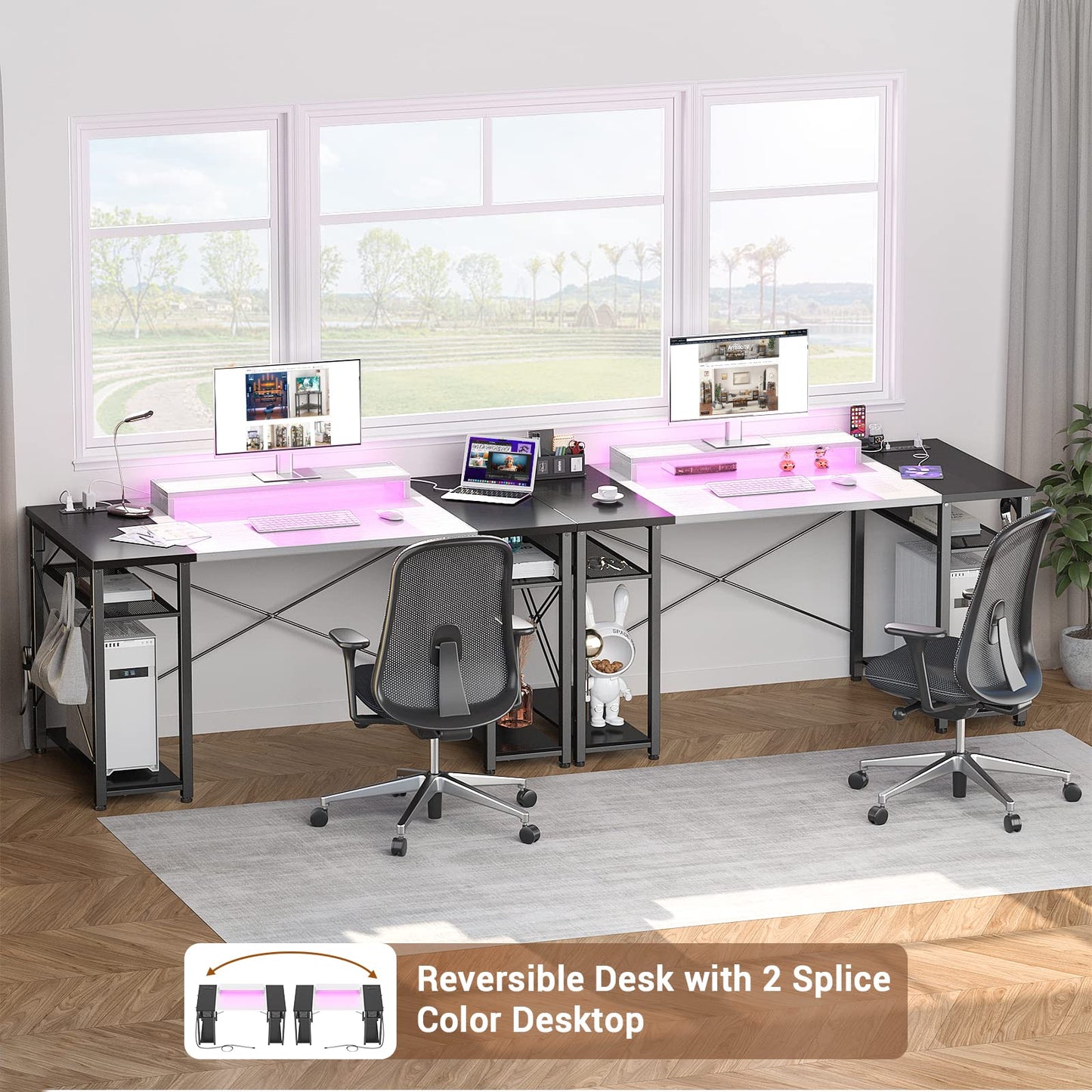Armocity Computer Desk with LED Lights, 55 Inch Desk with Power Outlet and USB, Reversible Large Desk with Moveable Monitor Stand, 55.2'' Gaming PC Table for Home Office, Workstation, White and Black