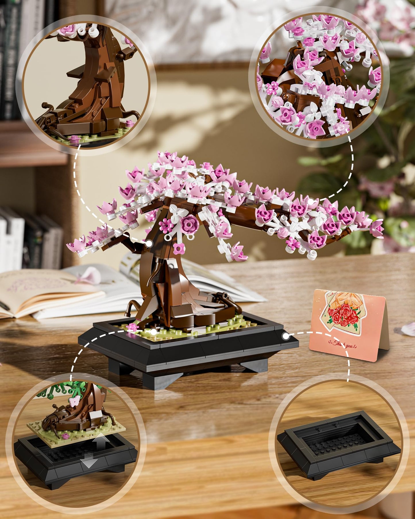 Muiurple 4 in 1 Bonsai Tree Building Set, Four Season Cherry Bonsai Tree Building Kit, Artificial Plant Decor for Home, Desk Greenery, Gift for Adults Girls, Boys and Mother's Day.