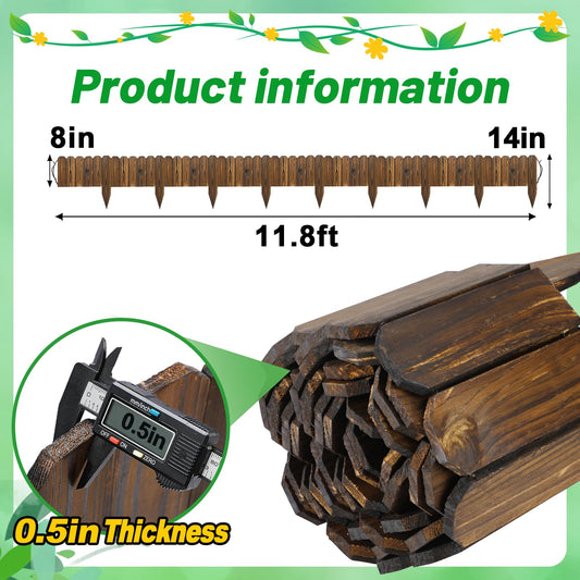 Wooden Garden Edging - 11.8ft x 8in Weather-Resistant Pine Landscape Border Fence for Outdoor Patio Lawns Yard Flower Beds Decoration