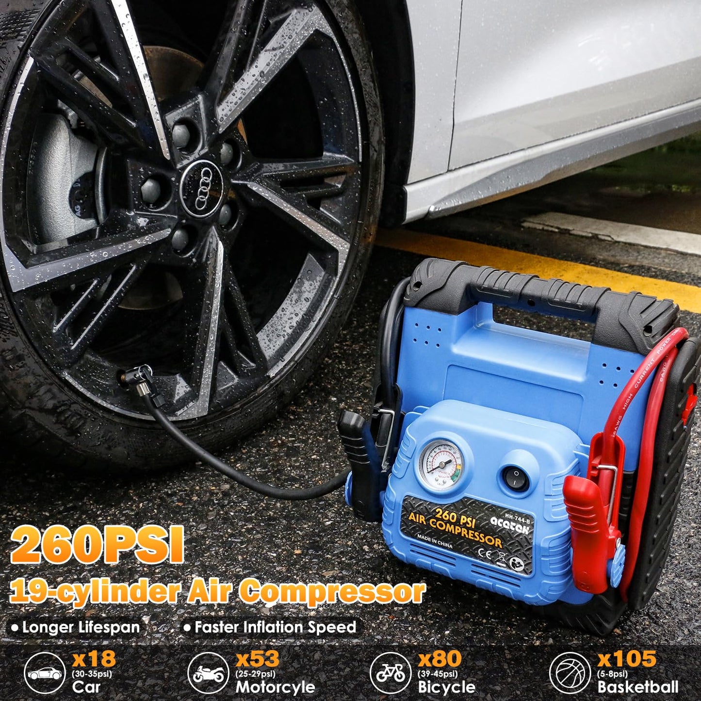 1800 Amp Jump Starter with Air Compressor, acetek Car Battery Jump Starter 260 PSI Tire Inflator, 20000 mAh 12V Auto Lead-Acid Battery Booster (Up to 6L Gas or 6L Diesel Engine) with LED Light & USB