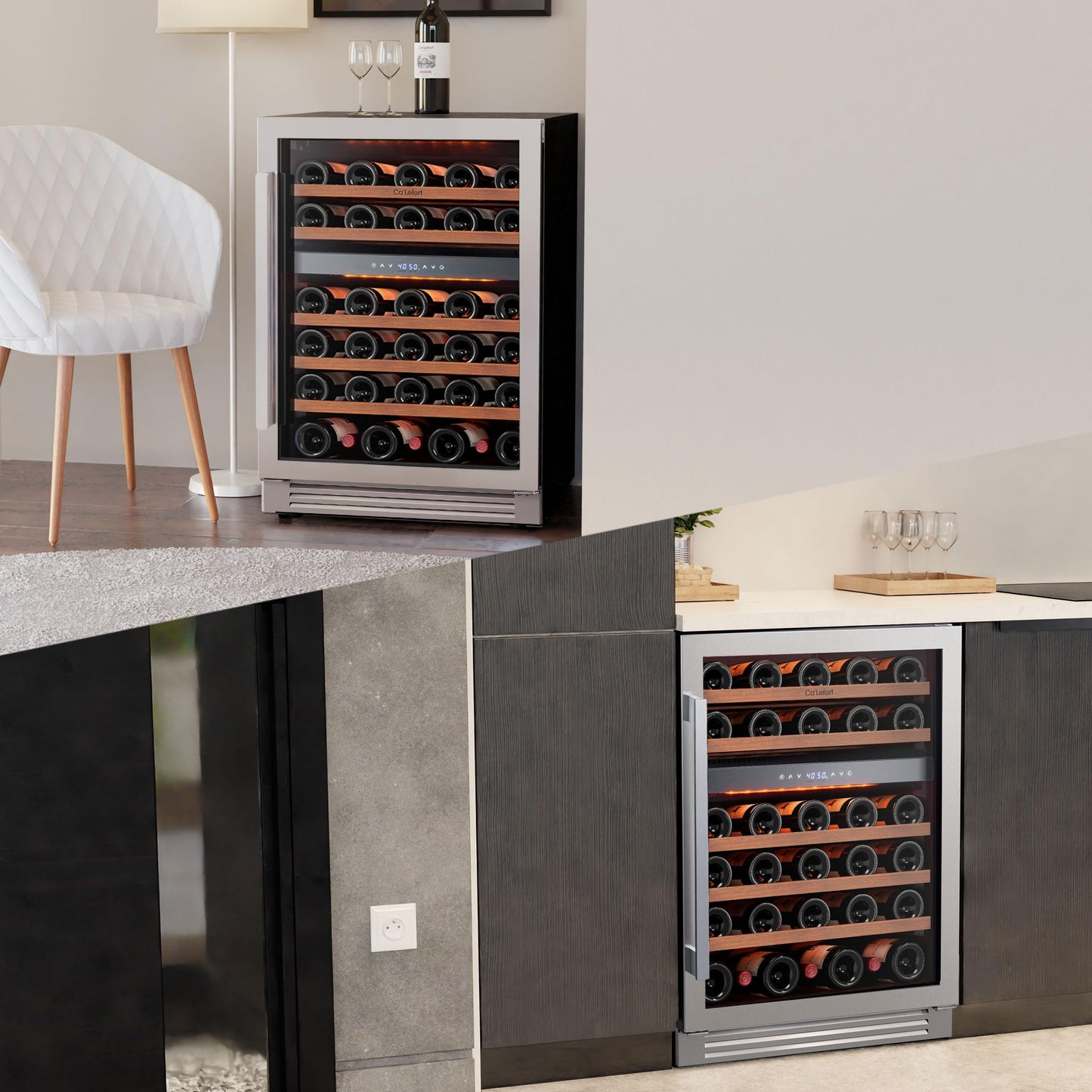 Ca'Lefort 24 Inch Wine Fridge Cooler - 52 Bottles Dual Zone Cooler with Glass Door, 3 LED Built-in Compressor Fridge with Adjustable Shelves for Home Office Bar (5.65 cu.ft)