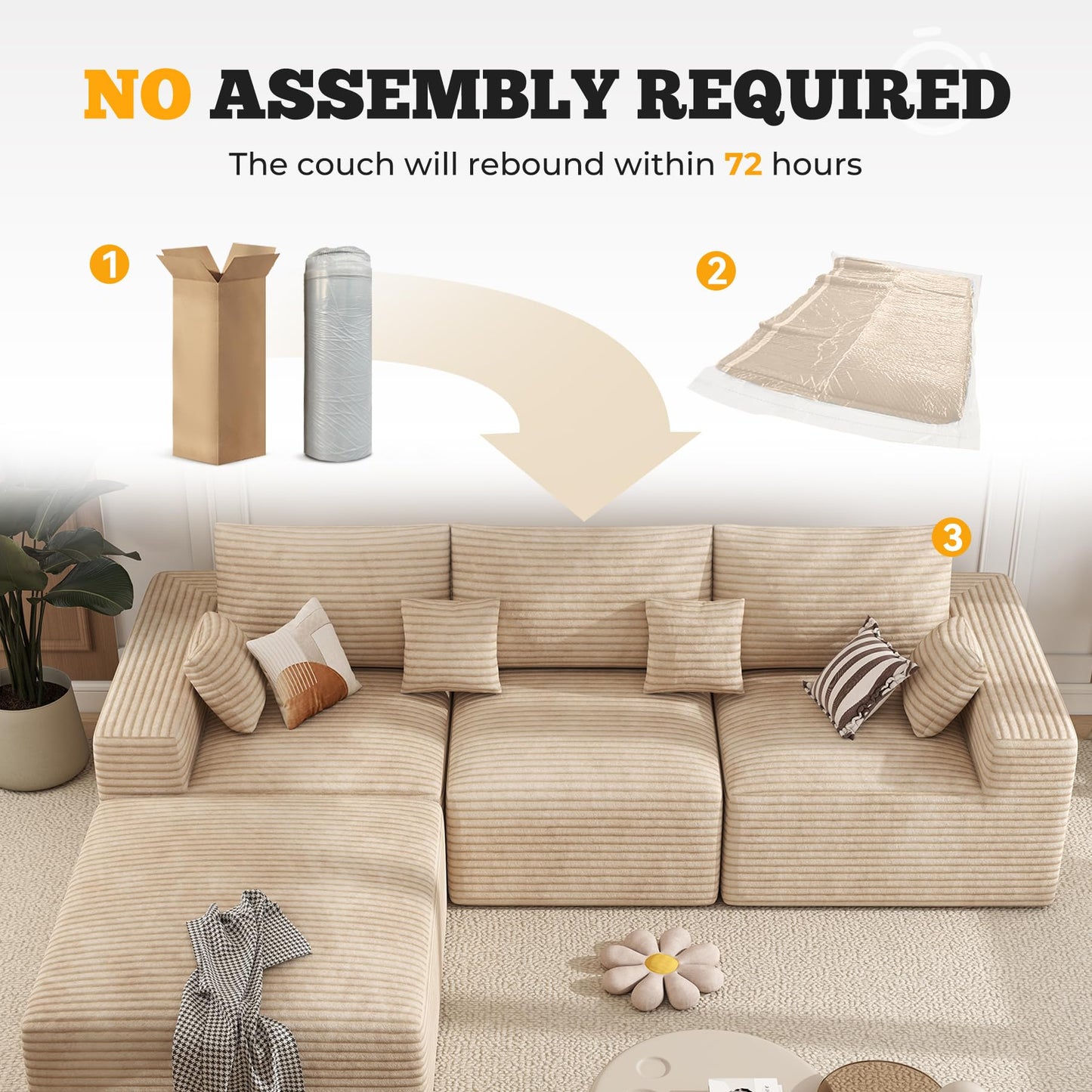 113" Modular Sectional Sofa, Convertible L-Shaped Cloud Couches for Living Room with Ottoman, 4 Seater Corduroy Boneless Couch Sofa Set, No Assembly Required, Khaki 1 PCS