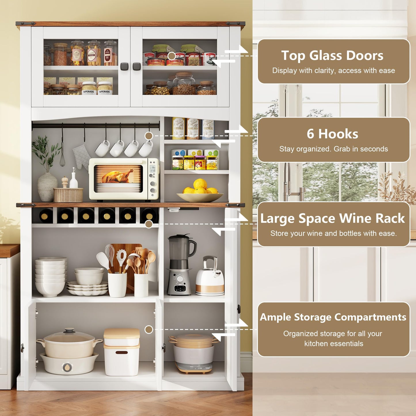 Einhomn 71" Tall Kitchen Pantry Cabinet with Charge Station, 3 Adjustable Shelves, Wine Rack and Glass Door, Kitchen Hutch for Dining Room, Kitchen and Living Room, White