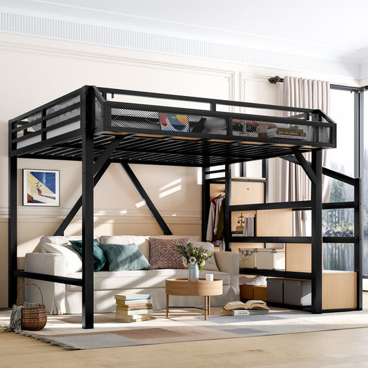KEIKI Queen Size Loft Bed with Storage Stairs for Adults, Heavy Duty Bunk Beds with Shelves, Wardrobe, Metal Bedframe with USB Ports for Bedroom, Natural