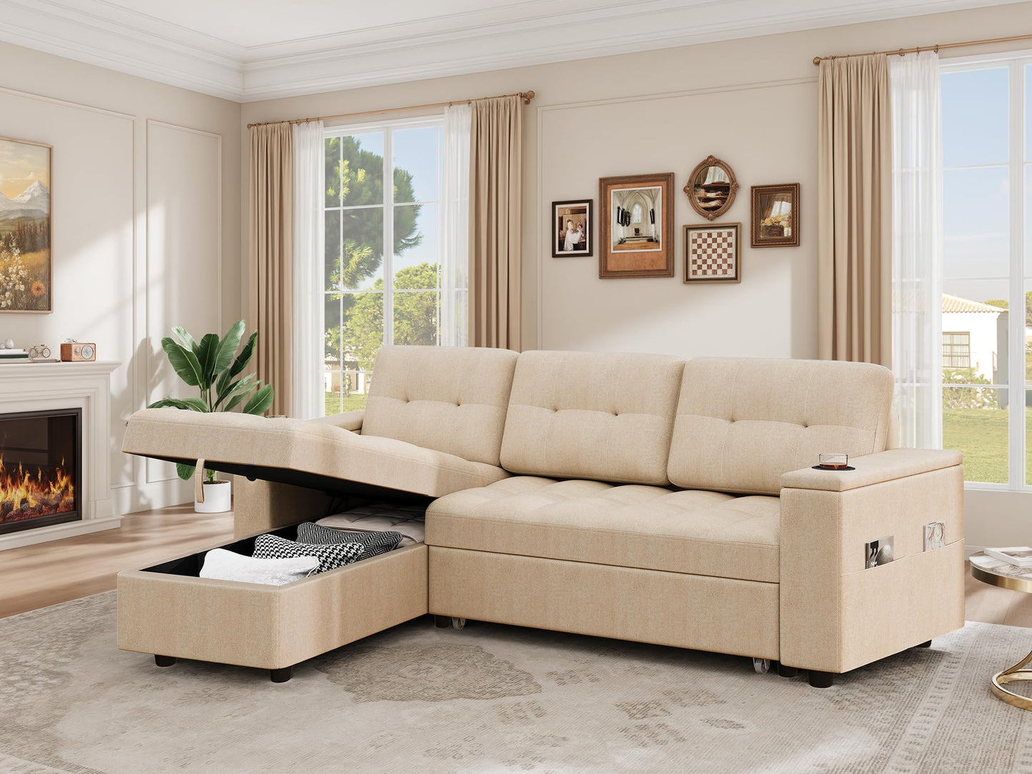 YITAHOME Sleeper Sofa, L-Shaped Sofa Couch Bed with Storage Chaise & USB, Reversible Sleeper with Pull Out Bed, 4-Seat Fabric Convertible Sofa, 2-in-1 Pull Out for Living Room, Beige