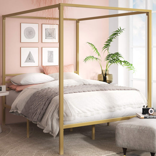 Zinus Patricia Gold Metal Canopy Platform Bed Frame, Mattress Foundation with Steel Slat Support, No Box Spring Needed, Easy Assembly, Queen