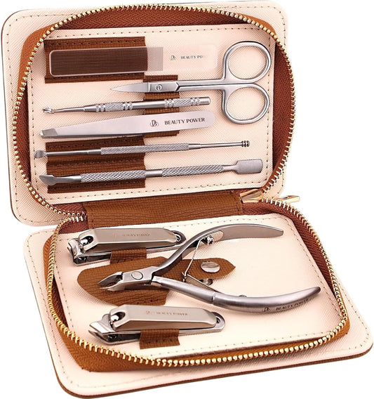 Beauty Power 9 in 1 Professional Manicure Pedicure Set - Stainless Steel Nail Clippers, Nano File, Cuticle Nipper, Scissors, Tweezers, Travel PU Leather Case for Men & Women - Gift Ready (Brown)