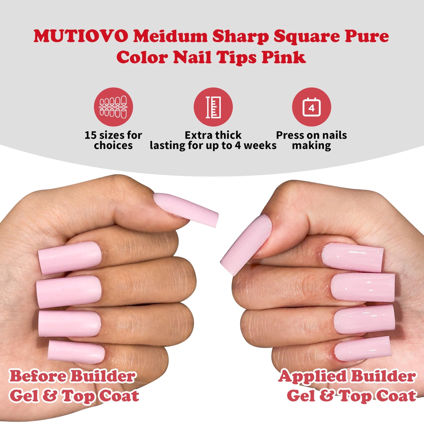 MUTIOVO Medium Square Nail Tips -180Pcs Solid Pure Color PINK Soft Gel Fake Nails, Straight Full Cover Press on Nails, Pre-buffed Matte White Artificial Nails for Professional Salon & Home DIY