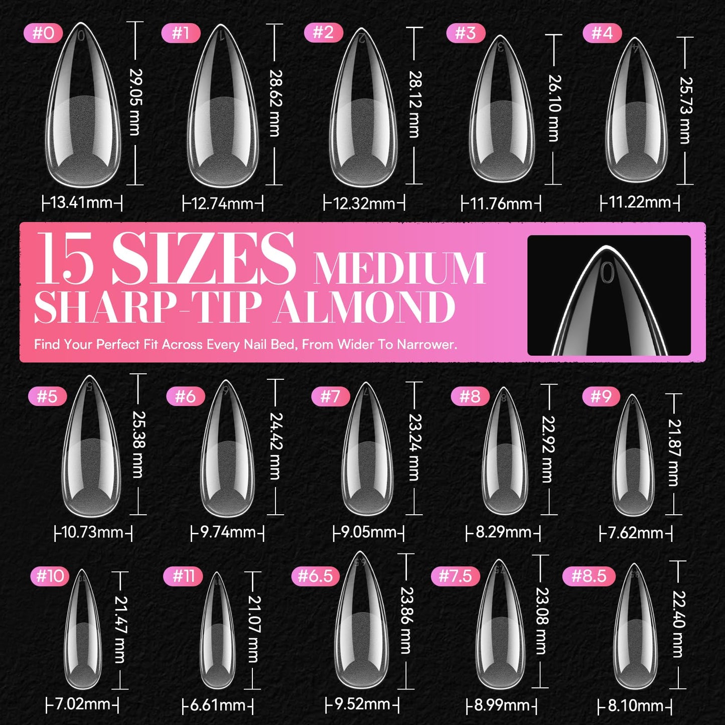Makartt Medium Sharp Almond Nail Tips: Hybrid Almondetto Shape, 15 Sizes Clear Full Cover Fake Nails Extension, 504PCS Half Matte Soft Gel Tips for DIY Nail Lovers, Press-on Creators, Salon Supplies