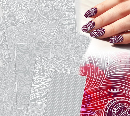 Nail Decals [10 Sheets] Ornamental Line Pattern Strips Set Intricate Curved Lines Swirls Decorative Motifs Flowing Geometric Designs Creating Bold Graphic Manicure Styles Modern Artistic Nail Looks