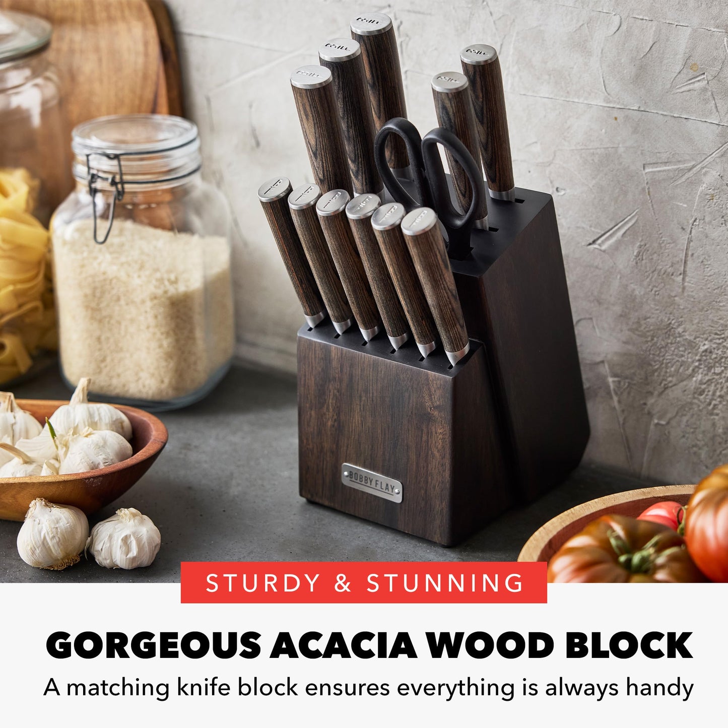 GreenPan x Bobby Flay 13 Piece Stainless Steel Cutlery Kitchen Knife Block Set, Premium Stainless Steel Blades, Acacia Wood Knife Block, Hand Finished Ergonomic Wood Handle, Damascus Steel Design