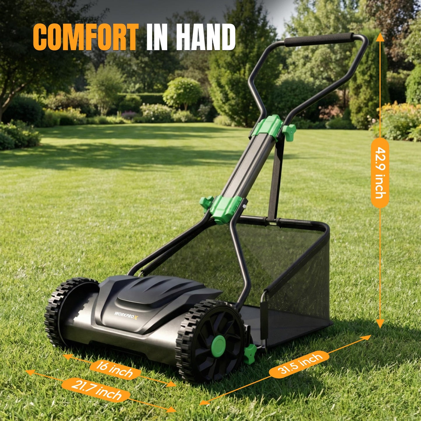 WORKPROX 16-Inch Push Reel Lawn Mower, Adjustable Height 5-Blade Reel Mower with Removable 8-Gallon Grass Catcher for Yards and Gardens, Black