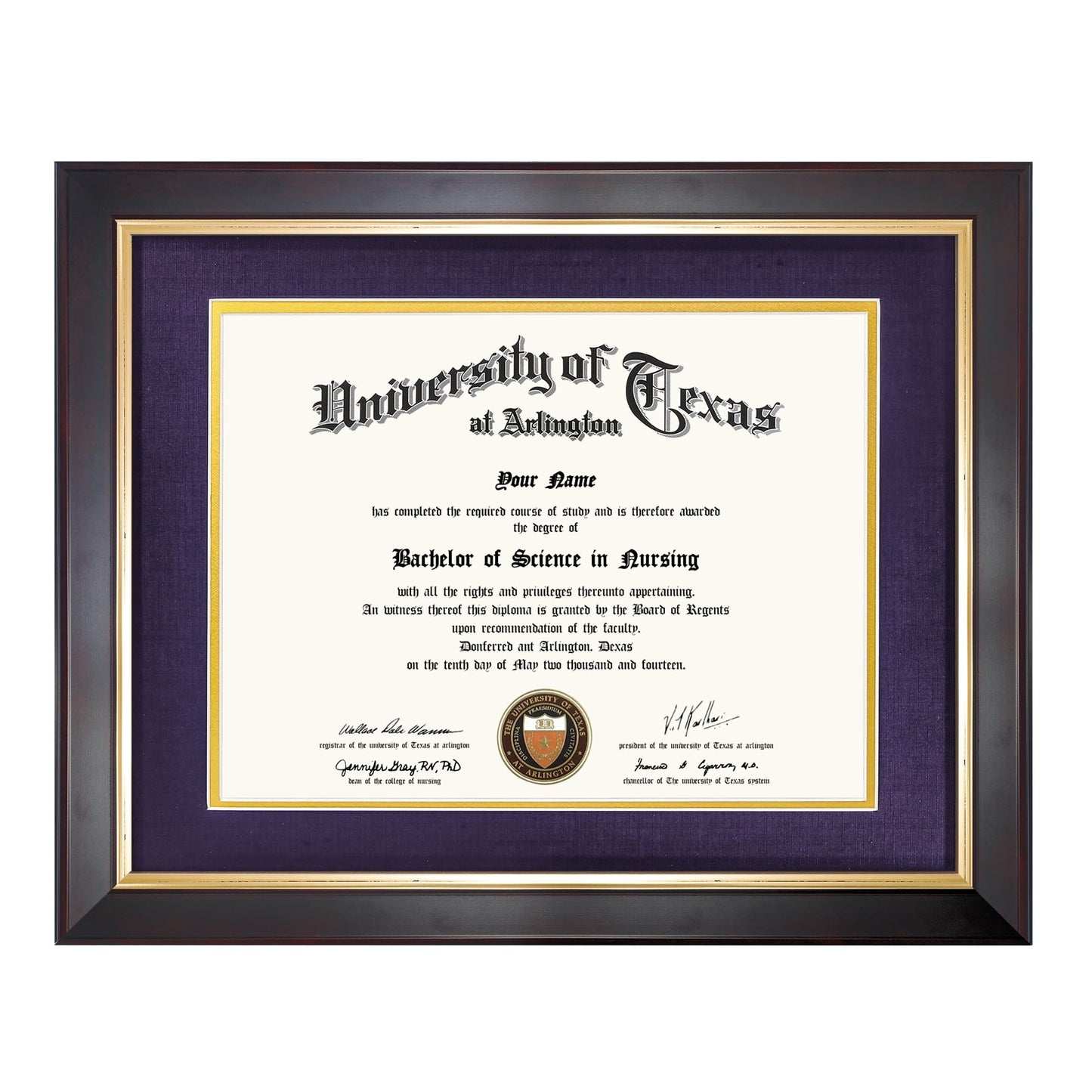 GMFrames 8.5x11 Wood Diploma Frame with Purple Mat or Display 11x14 Certificates without Mat,Tempered Glass,Deep Brown Finish with Gold Trim