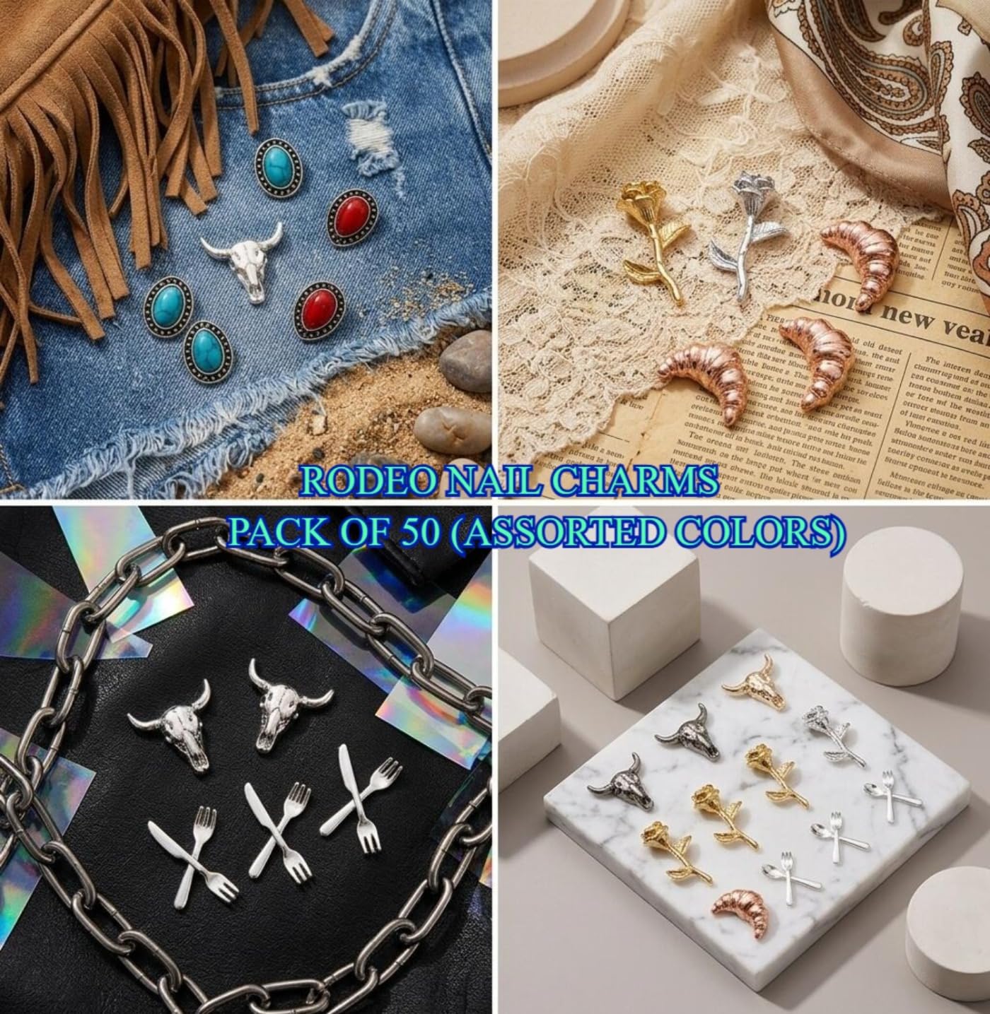 50 PCS Metal Turquoise Nail Charms - Western Cowboy Nail Art Decorations, 3D Nail Gems for DIY Manicure, Mixed Shapes Nail Accessories for Gel Acrylic Nails (C)