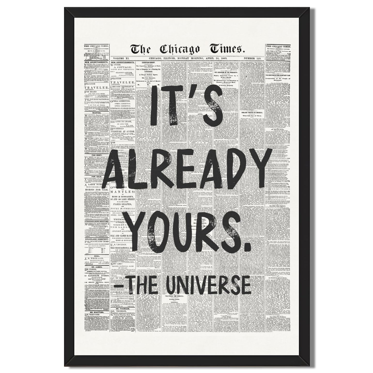 Framed Black And White Retro Newspaper Wall Art ItS Already Yours Universe Quote Poster Trendy Positive Inspirational Wall Decor for Bedroom Office Apartment Dorm Affirmation Canvas Print 8x12inch