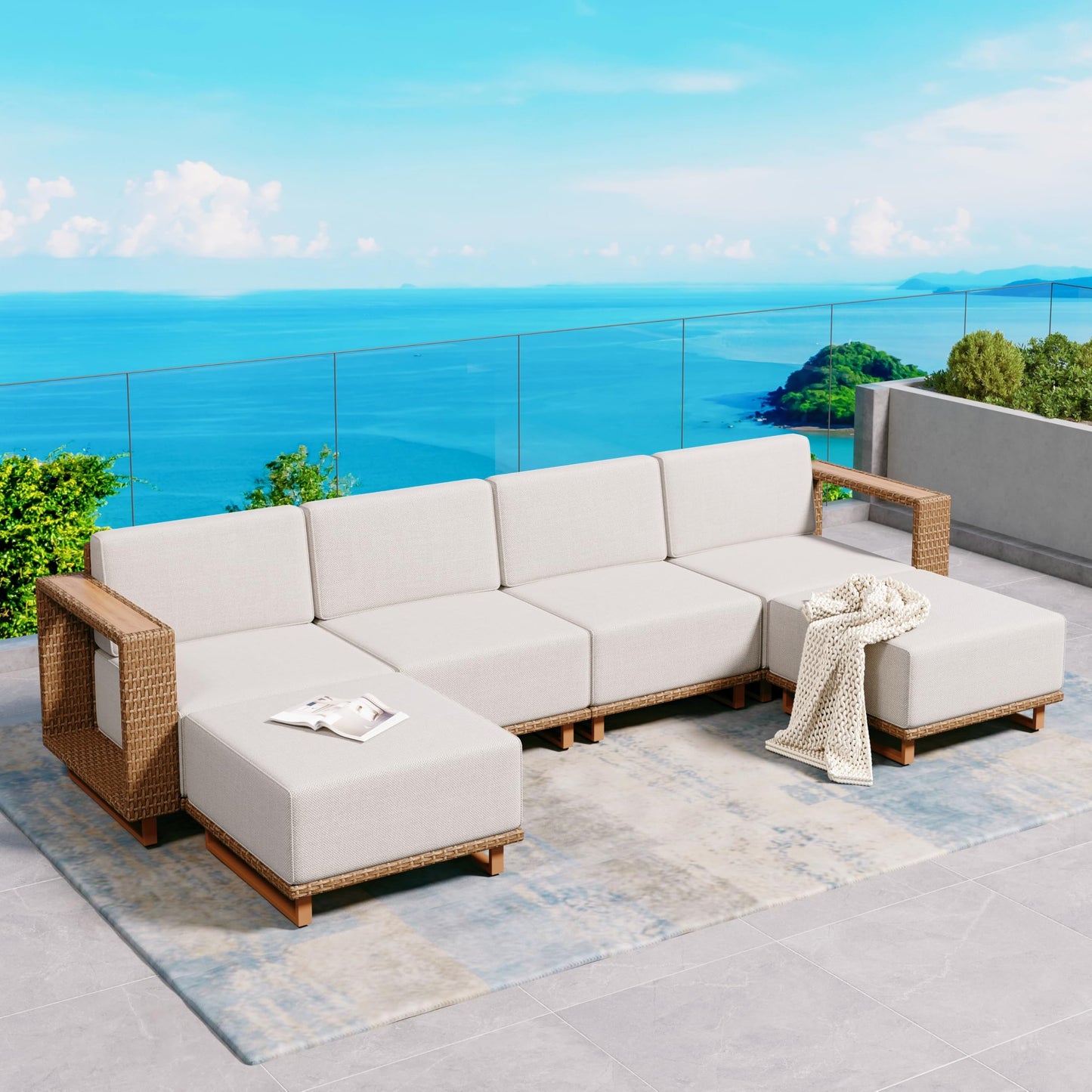 SUNSHINE VALLEY Sectional Outdoor Patio Furniture,U Shaped Rattan Wicker Sectional Sofa with 10''Ultra-Thick Cushions,All Weather Patio Conversation Set for Lawn Garden Backyard,Beige
