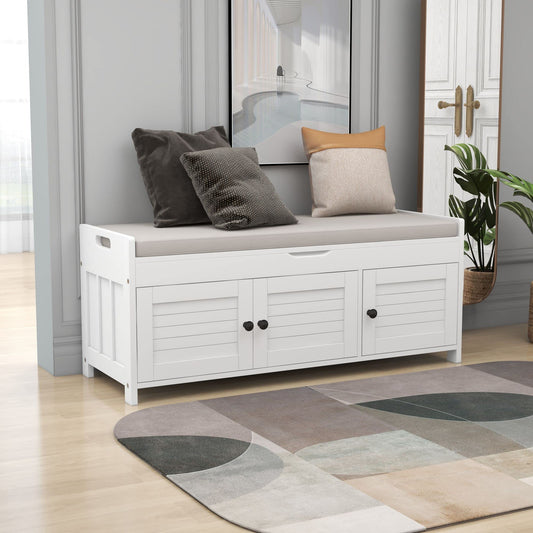 Merax Rustic Storage Bench with Removable Cushion Multifunction Shoe Cabinets for Entryway Hallway Front Door White