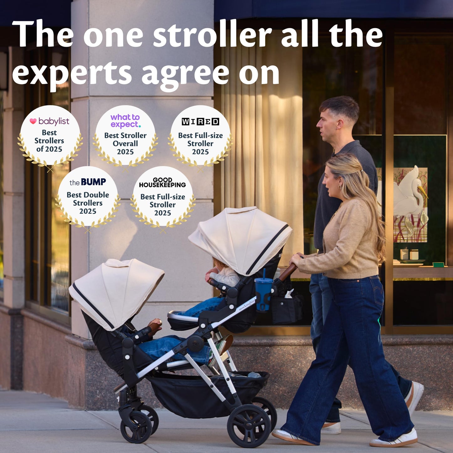 Mockingbird Single-to-Double Stroller 3.0 - Convertible Full Size Baby Stroller for 1, 2, or 3 Kids with 44 Possible configurations, Travel System Compatible - Stone Blue