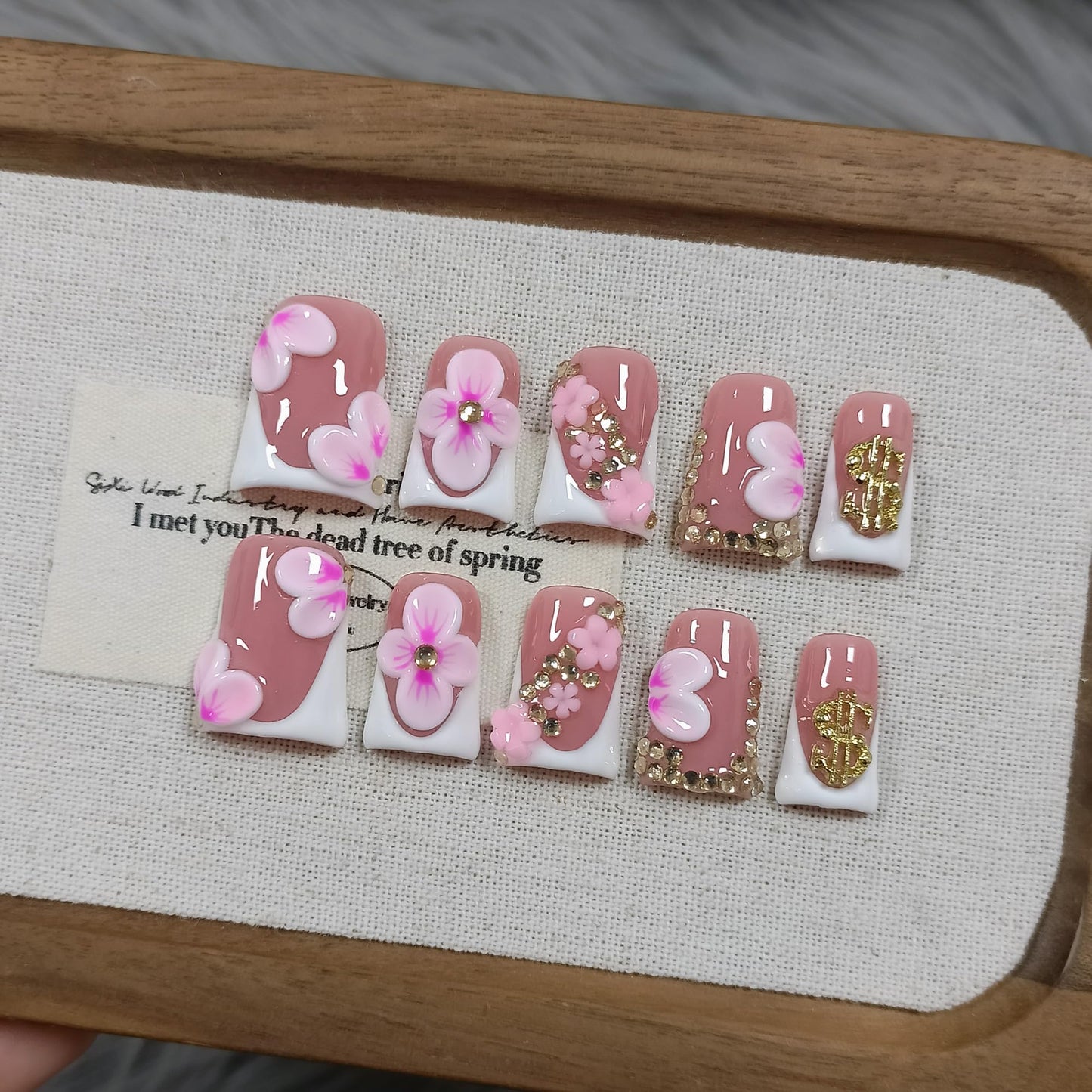 TENPAL Duckbill Press on Nails - White Pink 3D Floral French Tip Fake Nails with Rhinestones | Icy Glossy False Nails with Tools| Handmade Soft Gel Y2K Duck Nails(M)