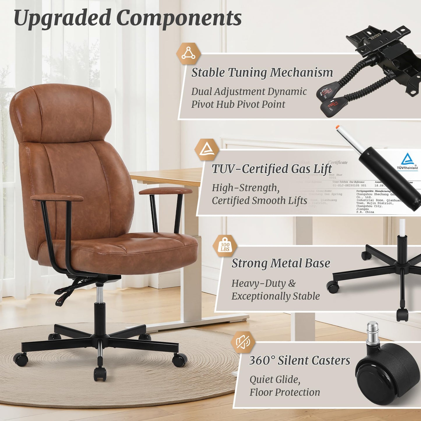 Cozyman High Back Office Desk Chair, Breathable Ergonomic Leather Chair with 5-Layer Seat Cushion with 135°Reclining Lumbar Support Adjustable Height Rolling Swivel Executive Armrests Chair, Brown
