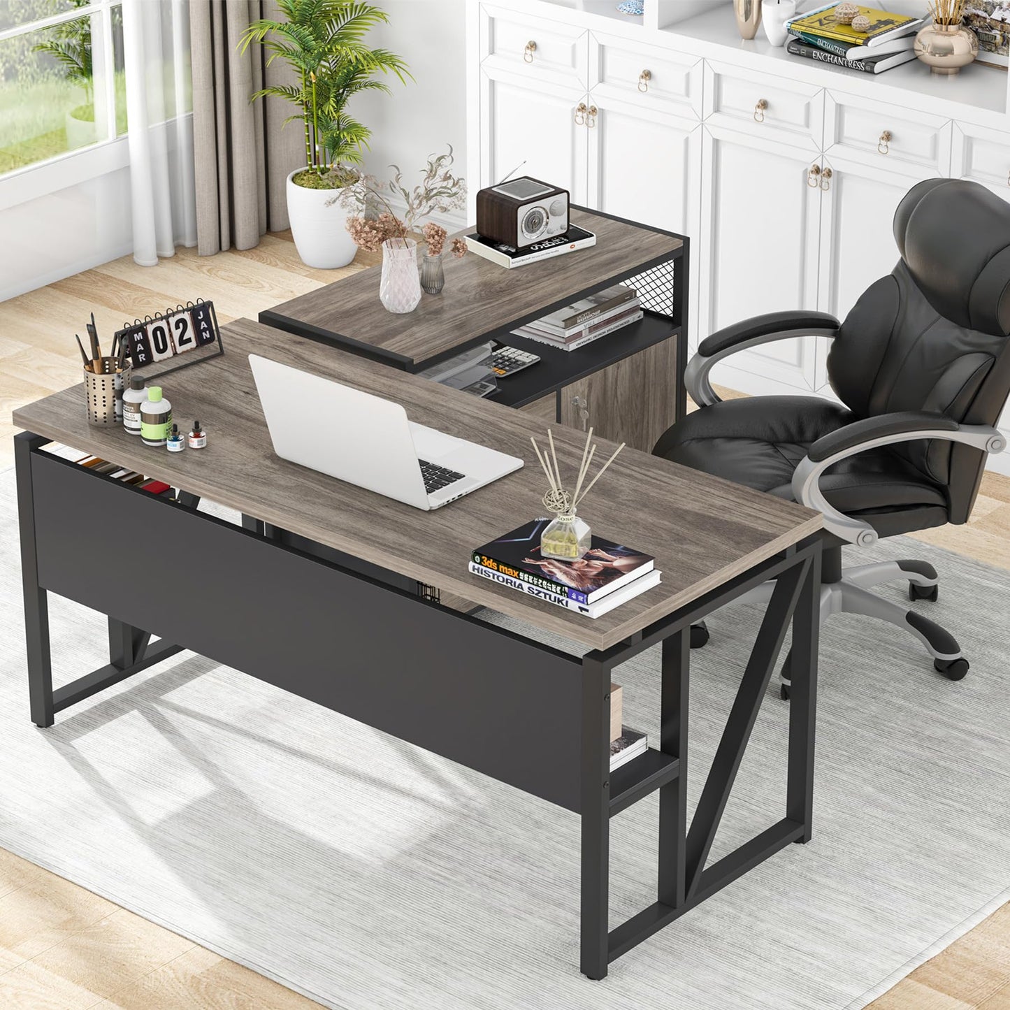 Tribesigns Grey Executive Desk with Cabinet, 55" L Shaped Computer Desk and lateral File Cabinet with Locks, 2 Piece Home Office Furniture Set for Hanging