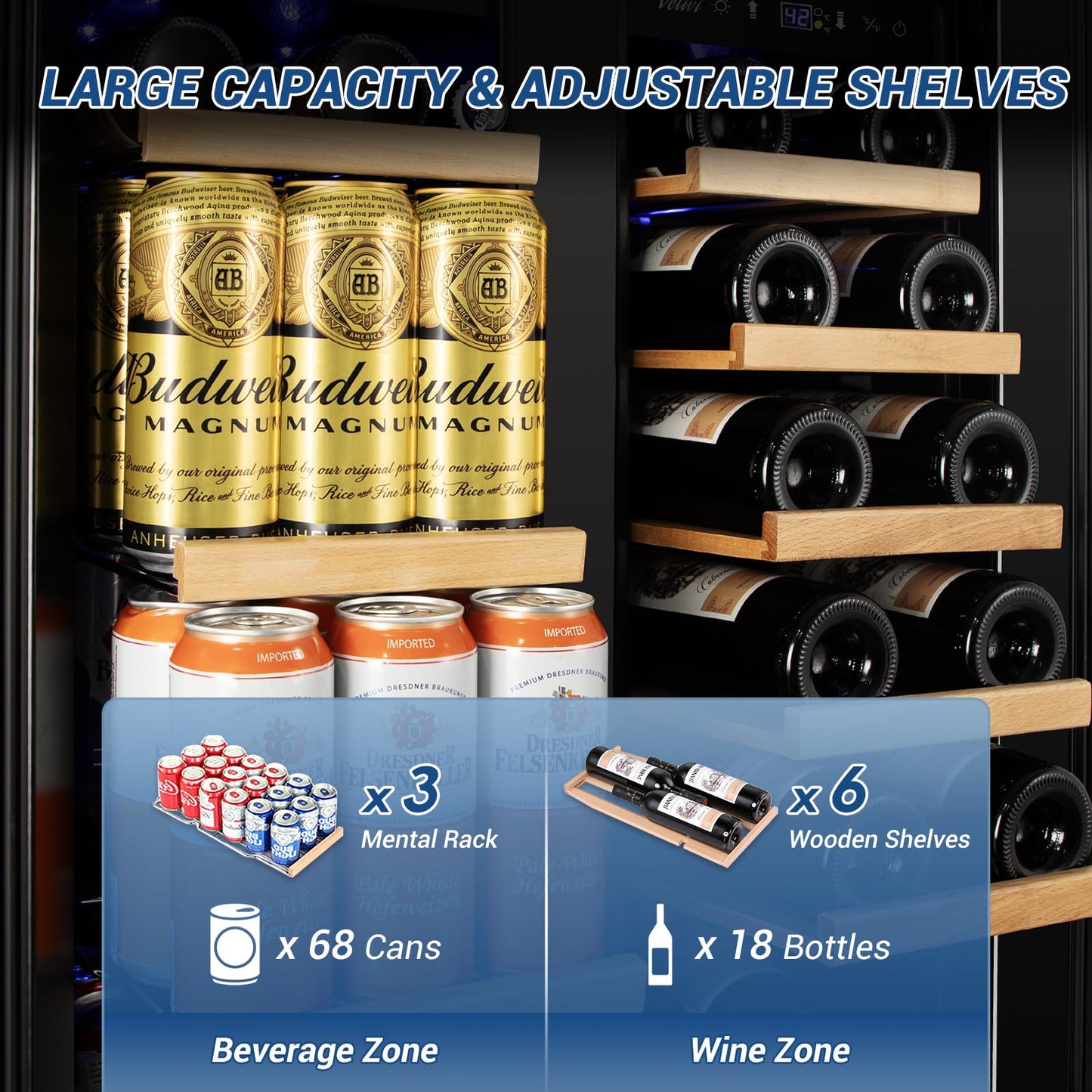 Velivi 24" Black Dual Zone Wine & Beverage Refrigerator | Under Counter Built-In or Freestanding | 18 Bottles & 68 Cans | Glass Door with Lock Large Capacity for Beer Wine Soda Drinks