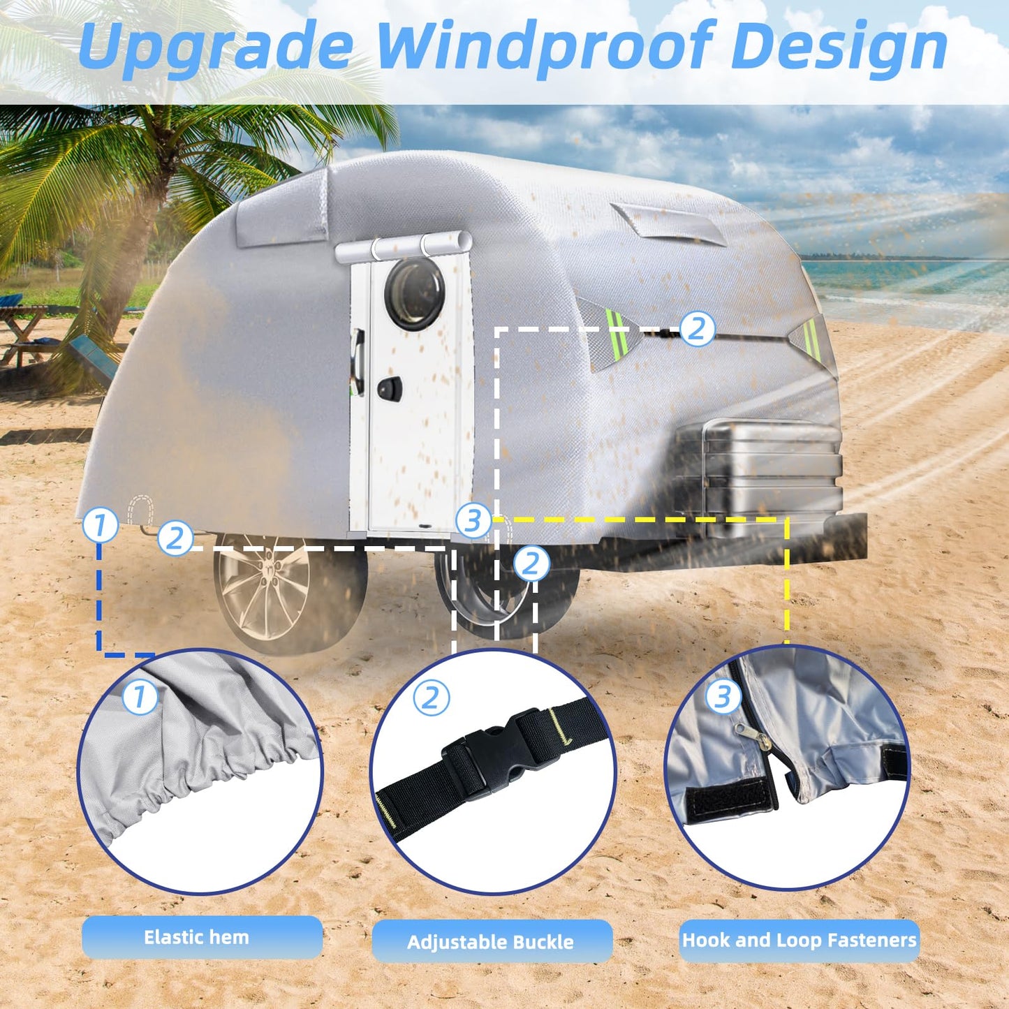 Zenicham Teardrop Camper Cover Waterproof, Fade and Tear Resistant Travel Trailer Cover Fits 15ft, Utility Silver Coated Fabric RV with Metal Buckle, Outdoor Windproof Heavy-Duty Camper Covers