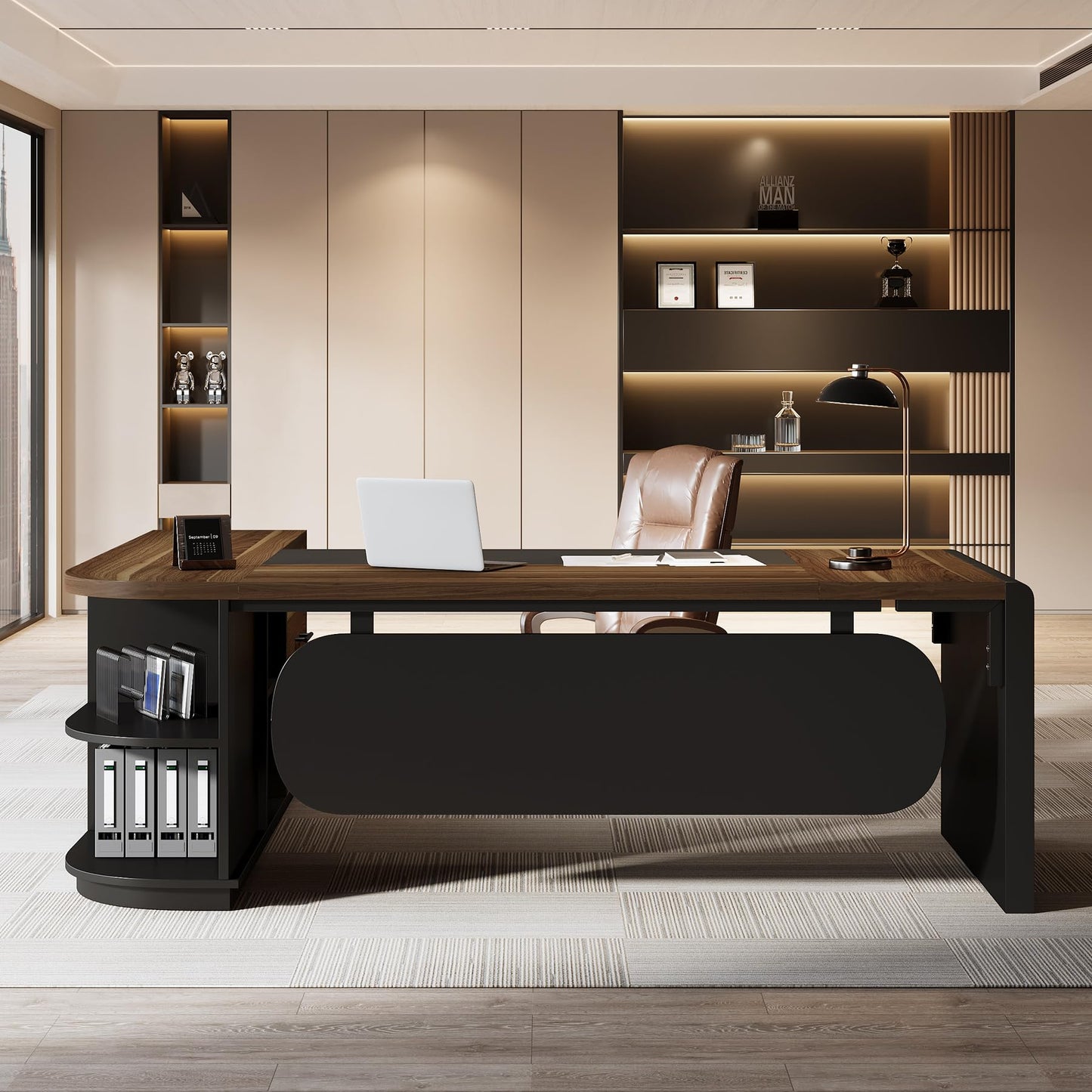 Tribesigns 81-Inch L-Shaped Office Desk, Large Commercial Office Desk with Drawers and File Cabinet, Modern Professional Business Furniture Workstations with Storage Shelves, Brown & Black