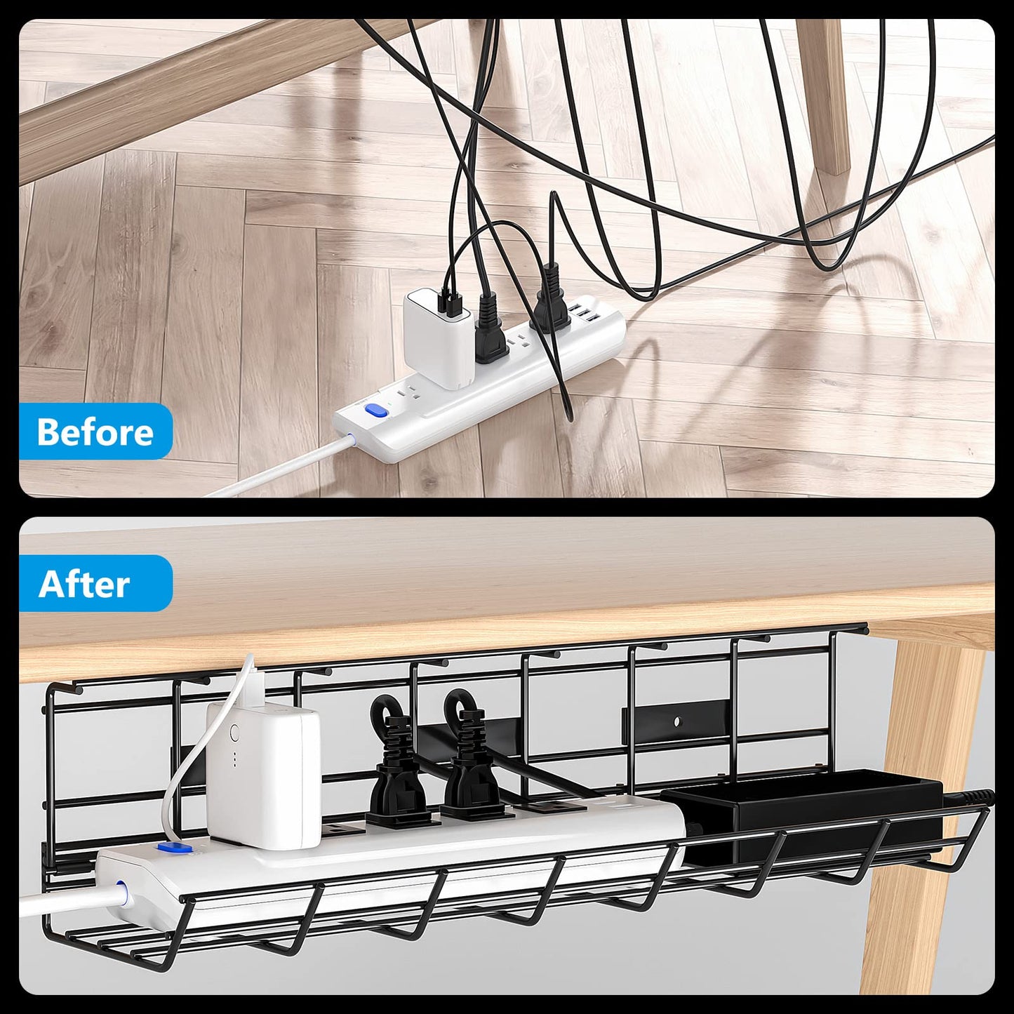 2 Pack DELAMU Under Desk Cable Management Tray, Metal Cord Cable Organizer for Desk, Easy Install Pre-drilled Wire Management Wire Organizer for Office & Home