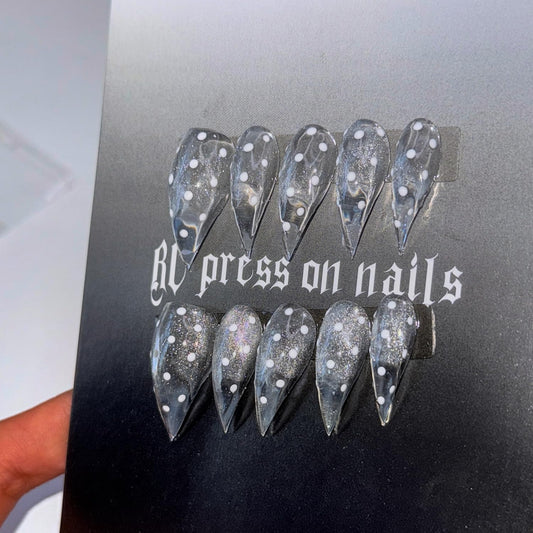 10 Pcs Handmade Press on Nails Curved Short Eagle Claw Fake Nails with Dot Designs Transparent Luxury Dragon Claw False Nails with Glue,Full Cover Acrylic Artificial Nail for Women(S)