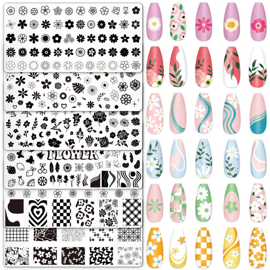 Whaline 6 Pcs Simple Floral Nail Plates Stamping Set Flower Leaves Stamp Templates Nail Art Plates for DIY Print Manicure Salon Design Gift