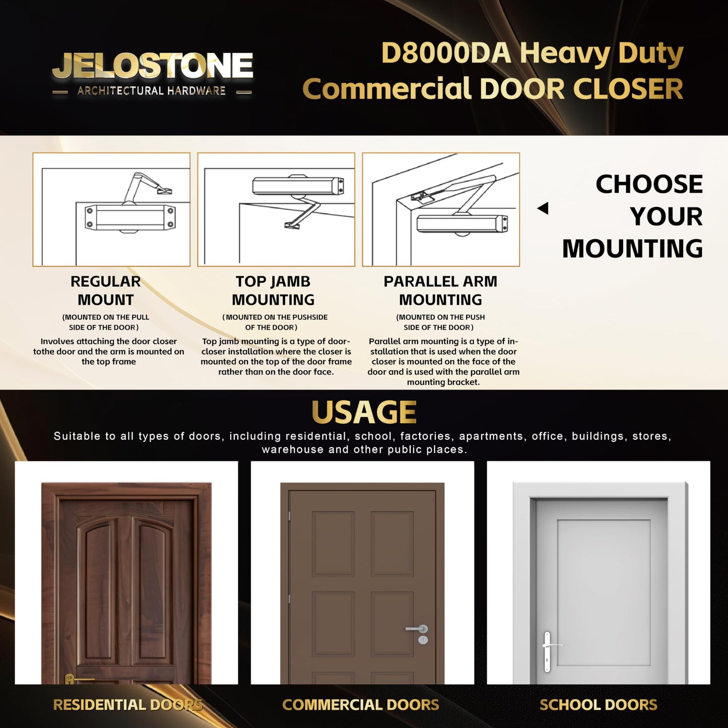 Heavy Duty, Commercial Door Closer D8000DA, ANSI Grade 1, UL 3 Hour Fire Rated, ADA Compliant, Delayed Action, Adjustable Spring Size 1-6 for Doors(44-330LB/30-60 in), Indoor/Outdoor (Aluminum)