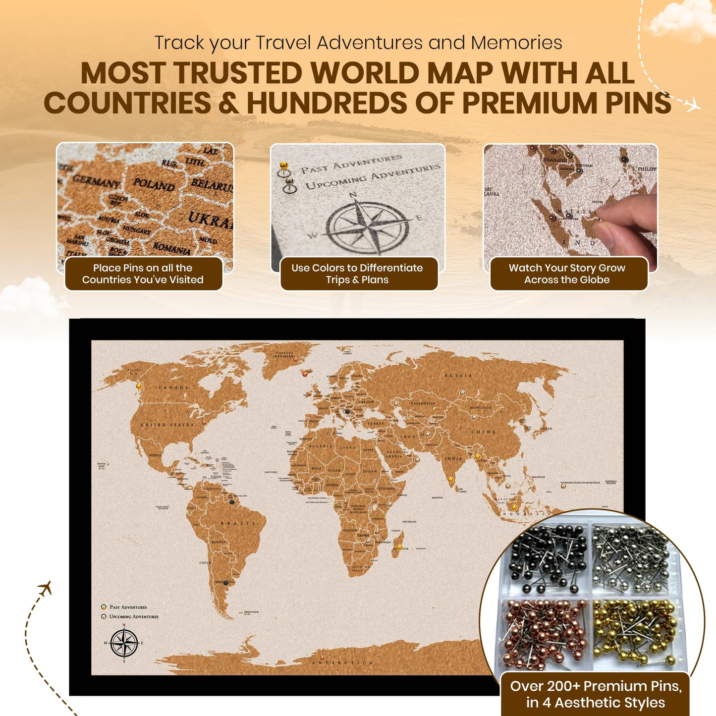 Large Push Pin World Travel Map – 30" x 20" Framed Cork Board Wall Art, Modern World Map with 200 Unique Pins for Tracking Adventures, A Premium Gift for Travelers, Couples and Families