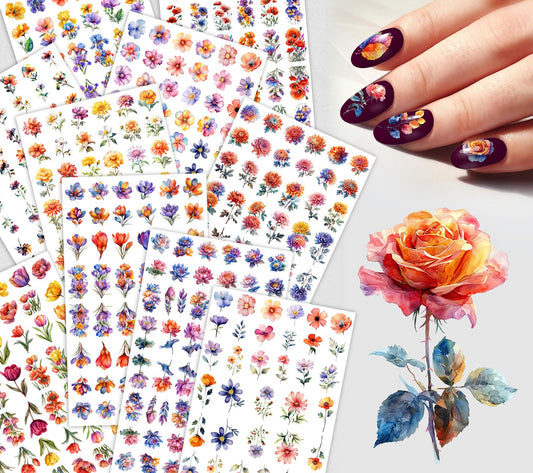 Nail Decals [10 Sheets] Watercolor Floral Nail Stickers Set Vibrant Roses Wildflowers Blossoms Petals Botanical Variety Colorful Delicate Detailed Artwork for Elegant Creative Manicure Designs Nail