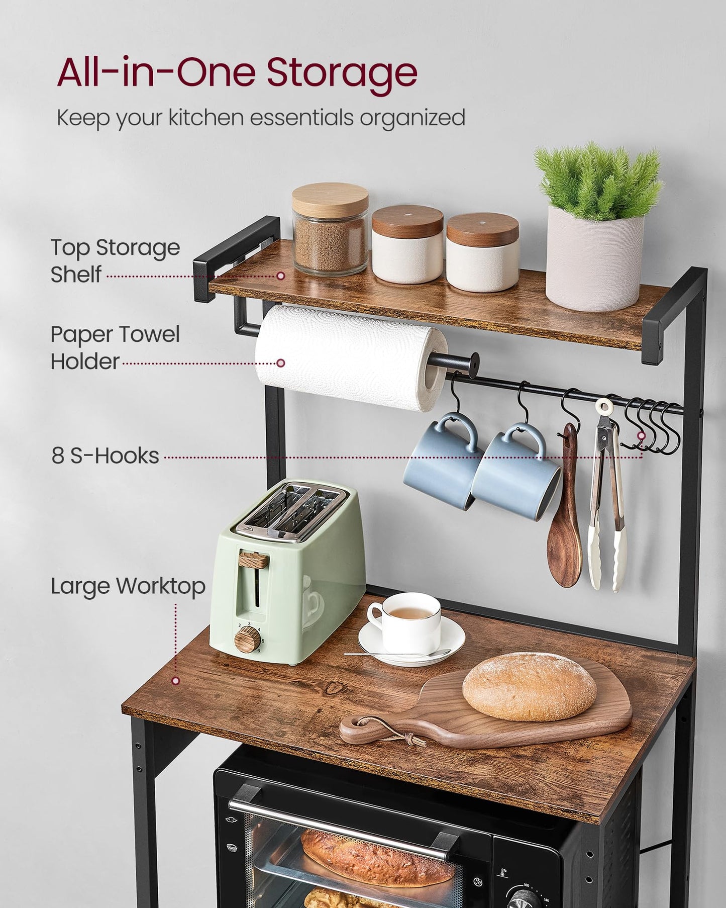 VASAGLE Kitchen Bakers Rack with Power Outlet, Coffee Bar 4-Tier with 8 S Hooks, Microwave Stand, Adjustable Shelf, for Small Spaces, Rustic Brown and Ink Black UKKS014K01V1