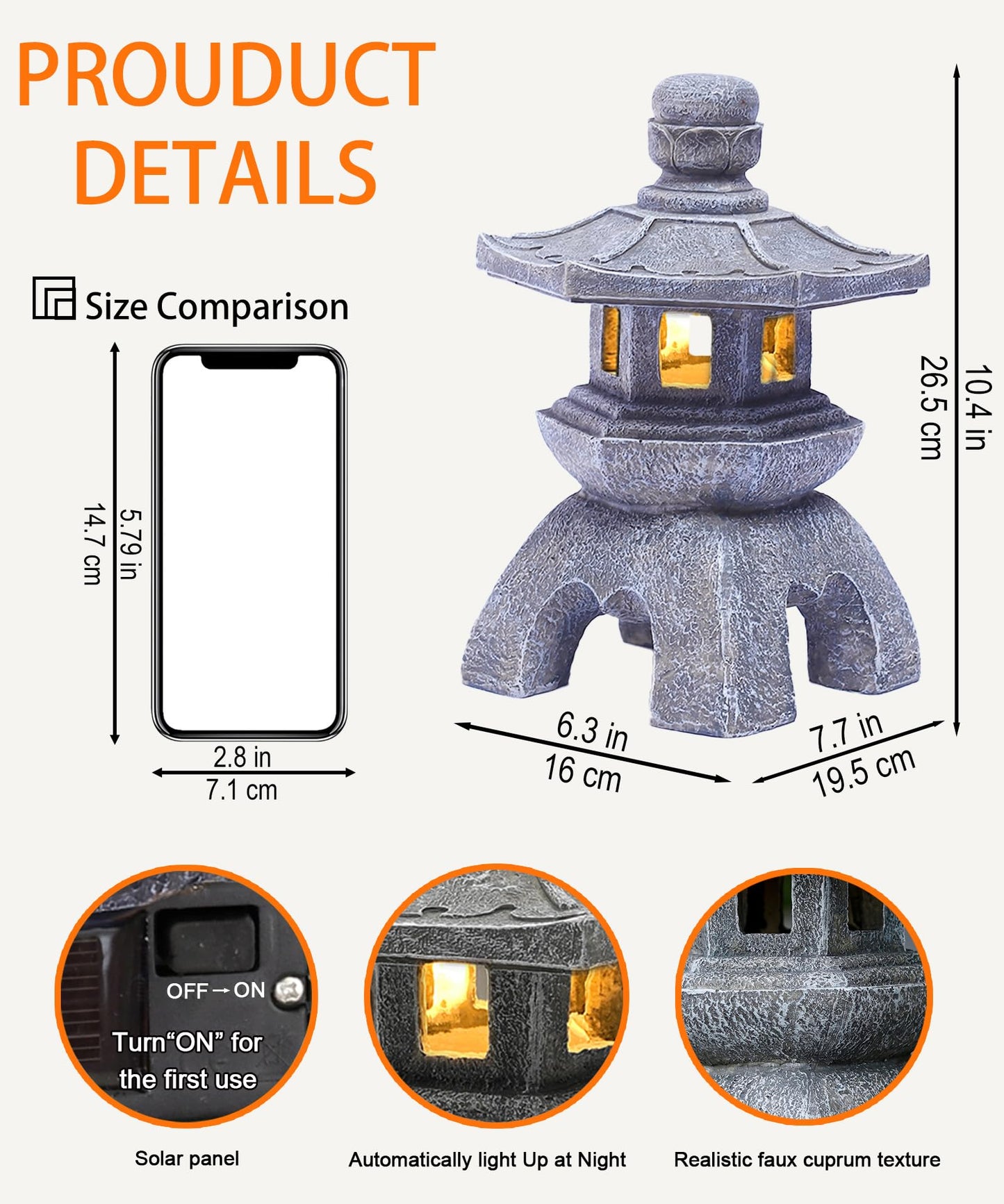 Nacome Solar Pagoda Lantern Garden Statue,Indoor/Outdoor Zen Asian Decor for Landscape Balcony,Garden,Patio,Porch Yard Art Ornament,Polyresin, Stone Finish