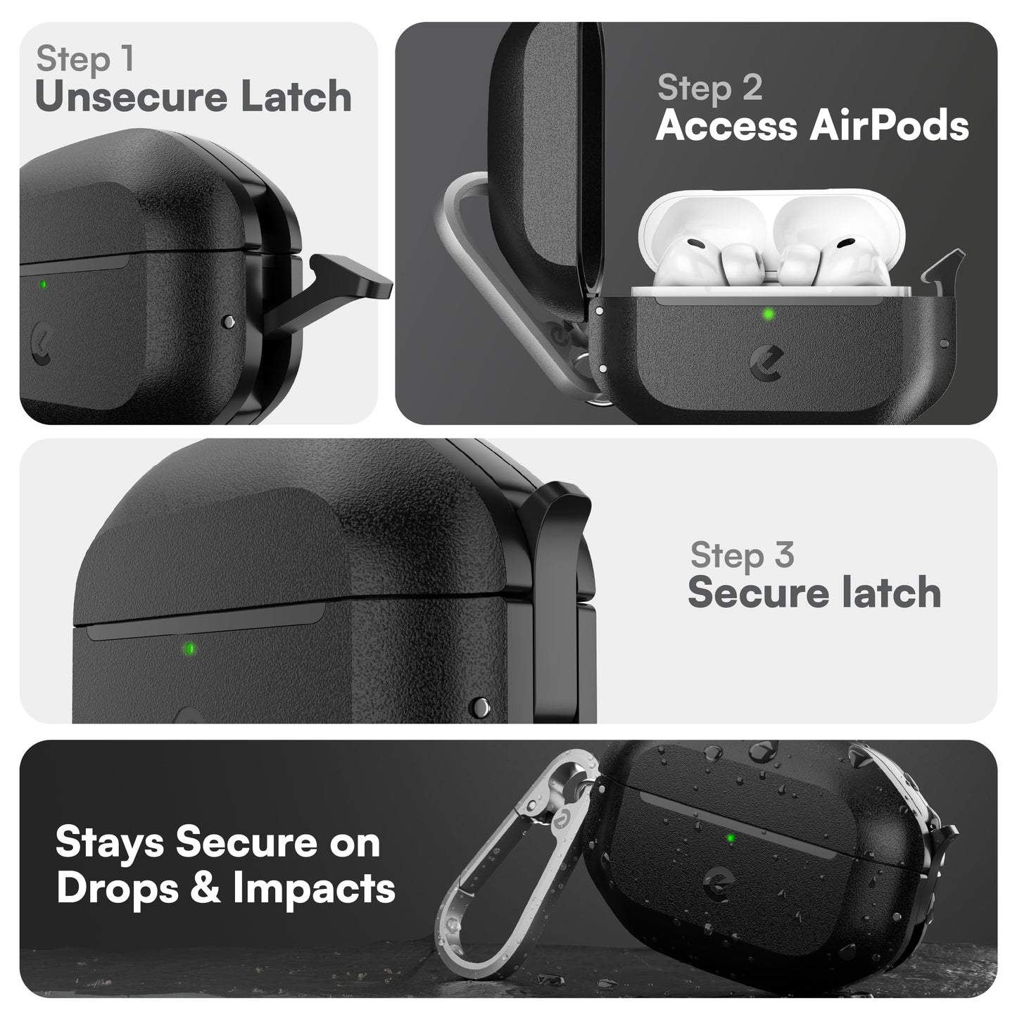 Keybudz for Waterproof AirPods Pro 3 Case with Lock - IP68 Waterproof and Dust Proof, Shockproof Protector, Heavy Duty Rugged Protection, Drop Proof Hard Cover for AirPods Pro 3rd Gen (Carbon Black)