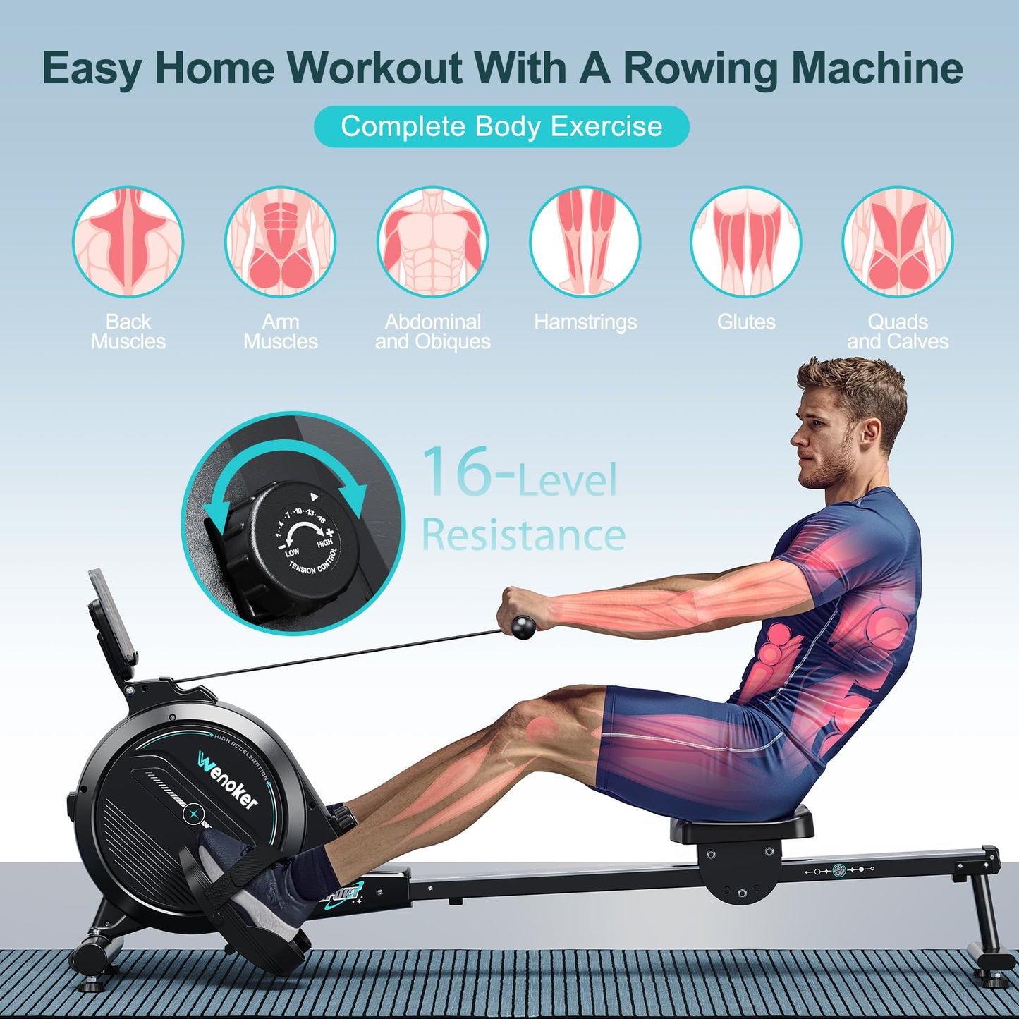 Rowing Machine,Wenoker Magnetic Rower Machine for Home,350 LB Weight Capacity, 16 Levels of Workout Resistance,Bluetooth App Supported LCD Monitor Tablet Holder & Comfortable Seat Cushion