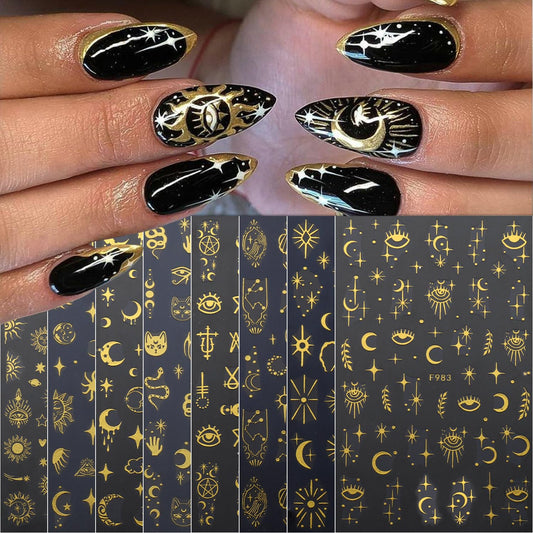 8 Sheets Gold Plastic Nail Art Stickers Decals, Star Moon Sun Designs, 3D Self-Adhesive Eyes Snake Nail Stickers for Women Girls DIY Manicure Decorations