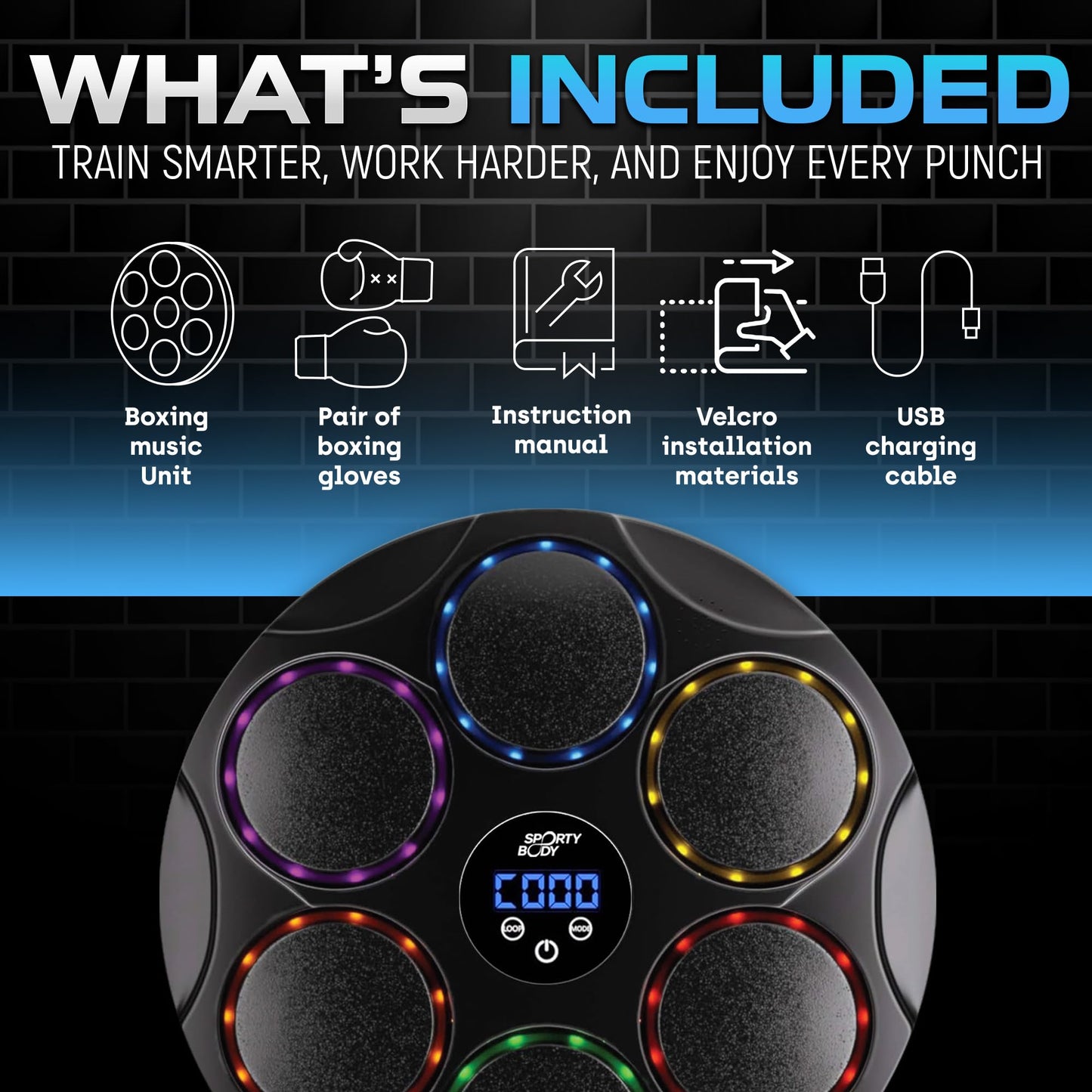 Music Boxing Beatbox Trainer by Sporty Body, 9 Speeds & 9 Light Modes, Bluetooth Sync, Auto Counting, and Durable ABS Body for Home Workouts, Supports 440lbs Punch Force, Wall Mounted Boxing Machine
