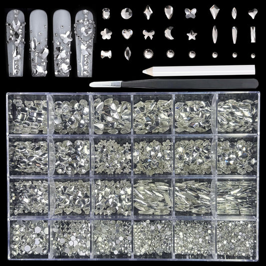 18 Types of 900 Special-Shaped Clear Nail Diamonds + 3200 Flat-Bottomed Nail Rhinestones, Nail Crystal Rhinestones Set with Tweezer + Pickup Pen