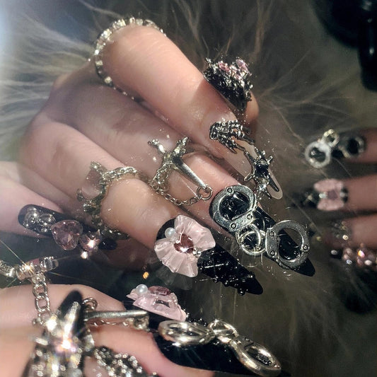 MISUD Press on Nails - Long Stiletto Fake Nails with Goth Black, Acrylic Gothic Y2K Charms Design 24 pcs