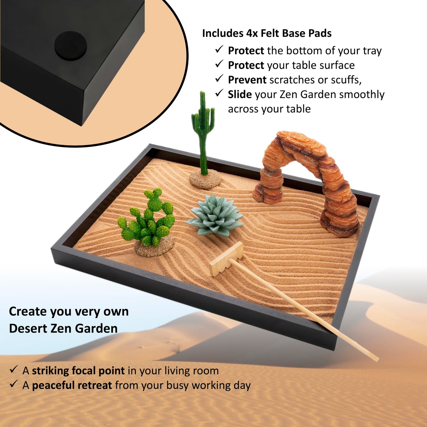 Island Falls Home Desert Zen Garden Kit. Premium Home Cactus Decor. 11x8 Sand Tray. 4 Artificial Features, Brown Sand, 3 Handcrafted Wood Tools. Southwestern Desert Decor Zen Garden for Desk Therapy